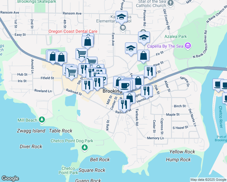 map of restaurants, bars, coffee shops, grocery stores, and more near in Brookings