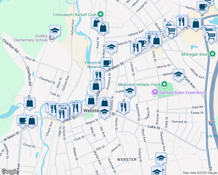 map of restaurants, bars, coffee shops, grocery stores, and more near 32 Prospect Street in Webster