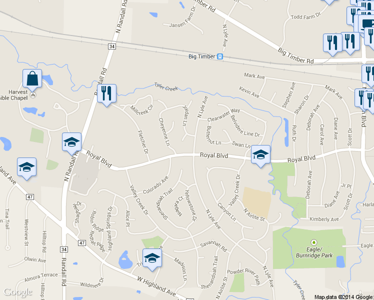 map of restaurants, bars, coffee shops, grocery stores, and more near 2160 Royal Boulevard in Elgin