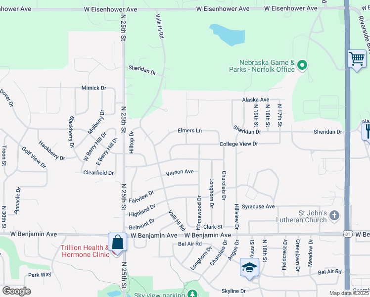 map of restaurants, bars, coffee shops, grocery stores, and more near 1693-1799 Homewood Drive in Norfolk