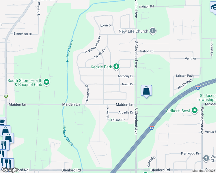 map of restaurants, bars, coffee shops, grocery stores, and more near 1874 Nash Drive in St. Joseph