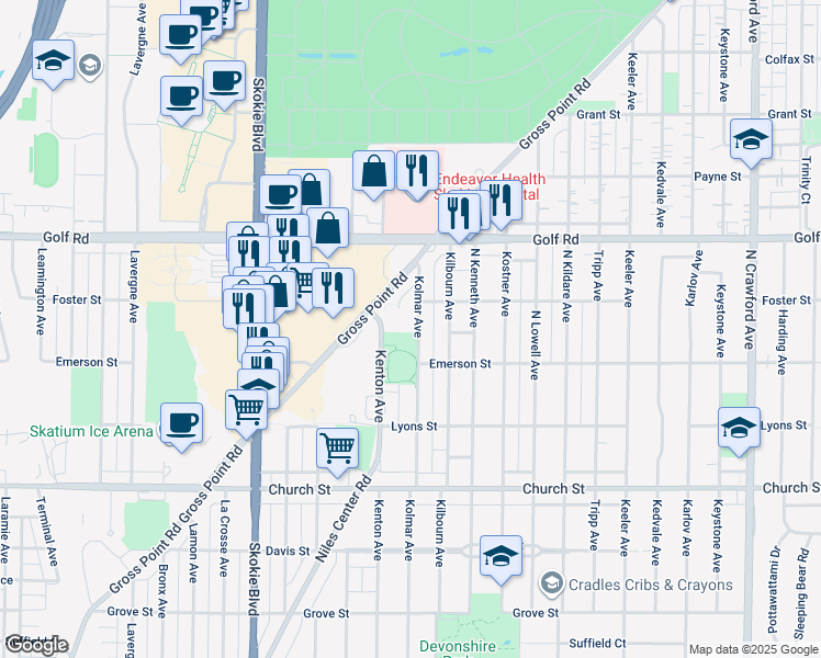 map of restaurants, bars, coffee shops, grocery stores, and more near 9434 Kolmar Avenue in Skokie