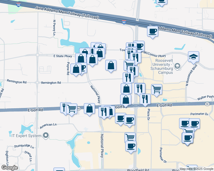 map of restaurants, bars, coffee shops, grocery stores, and more near 1207 Remington Road in Schaumburg
