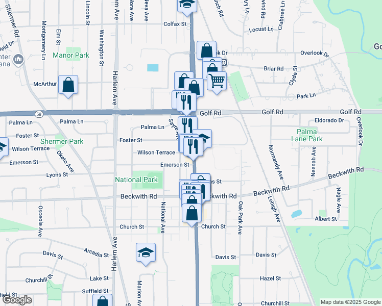 map of restaurants, bars, coffee shops, grocery stores, and more near 9424 Illinois 58 in Morton Grove