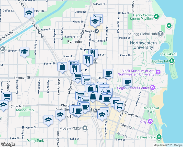 map of restaurants, bars, coffee shops, grocery stores, and more near 1915 Maple Avenue in Evanston