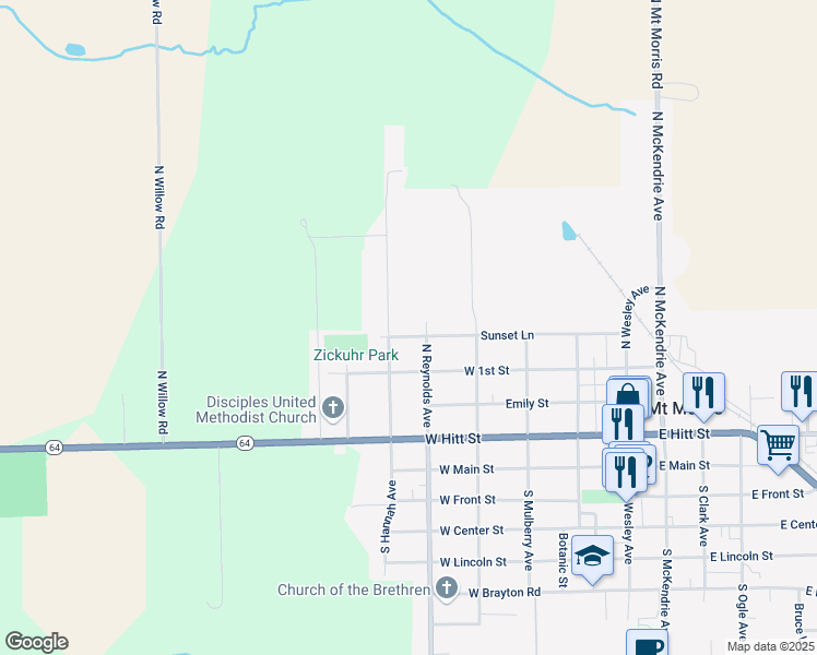 map of restaurants, bars, coffee shops, grocery stores, and more near 406 Sunset Lane in Mount Morris