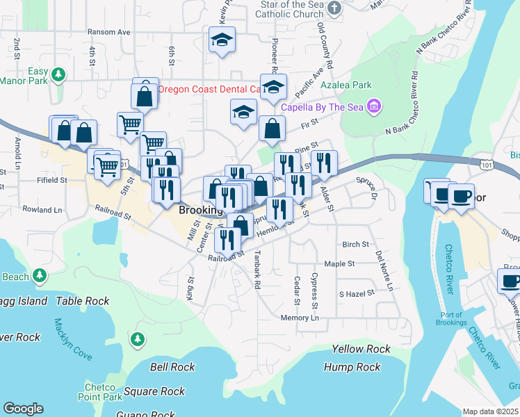 map of restaurants, bars, coffee shops, grocery stores, and more near 601 Chetco Avenue in Brookings
