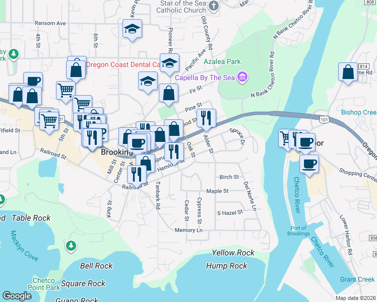 map of restaurants, bars, coffee shops, grocery stores, and more near 506 Hemlock Street in Brookings