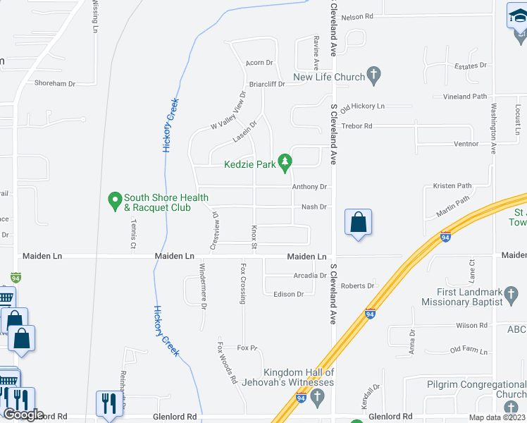 map of restaurants, bars, coffee shops, grocery stores, and more near 1874 Nash Drive in St. Joseph