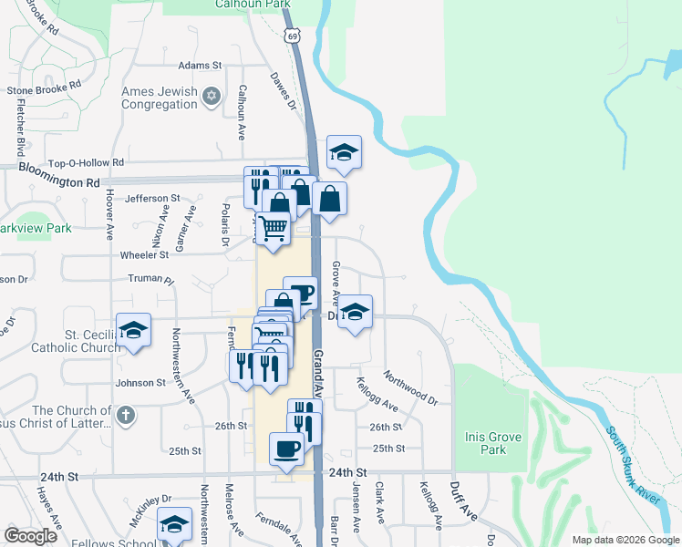 map of restaurants, bars, coffee shops, grocery stores, and more near 630 River Oak Drive in Ames