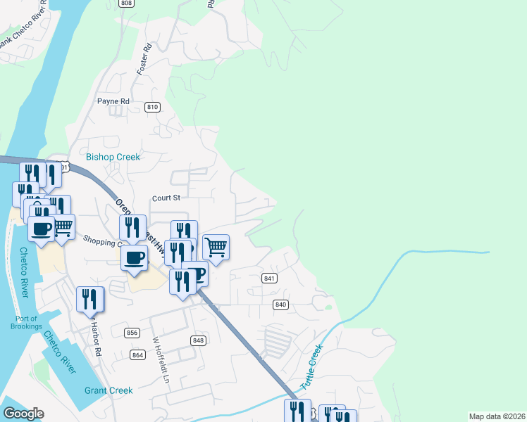 map of restaurants, bars, coffee shops, grocery stores, and more near 98062 Hallway Road in Brookings