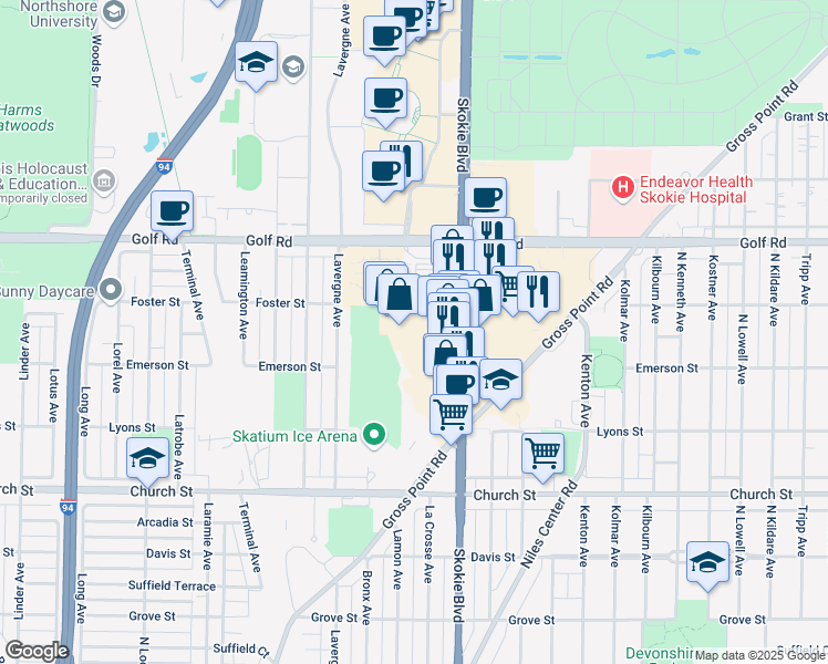 map of restaurants, bars, coffee shops, grocery stores, and more near 9430 Skokie Boulevard in Skokie
