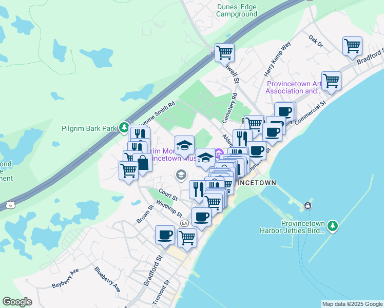 map of restaurants, bars, coffee shops, grocery stores, and more near 26 Winslow Street in Provincetown