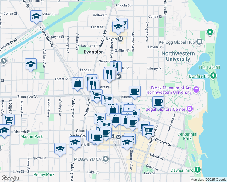map of restaurants, bars, coffee shops, grocery stores, and more near 1921 Maple Avenue in Evanston