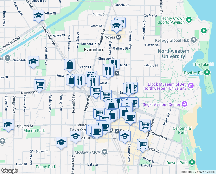 map of restaurants, bars, coffee shops, grocery stores, and more near in Evanston