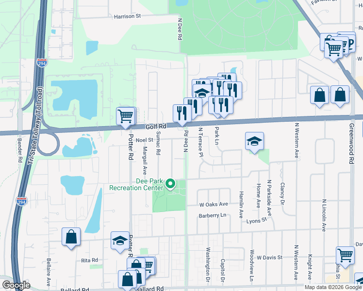 map of restaurants, bars, coffee shops, grocery stores, and more near 9561 Dee Road in Des Plaines