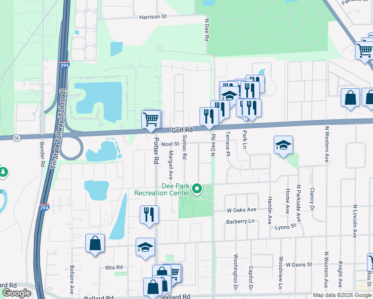 map of restaurants, bars, coffee shops, grocery stores, and more near 9436 Sumac Road in Des Plaines