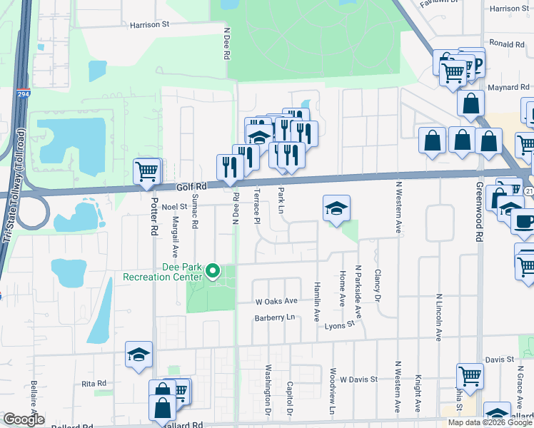 map of restaurants, bars, coffee shops, grocery stores, and more near 9519 Terrace Place in Des Plaines