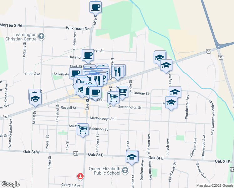 map of restaurants, bars, coffee shops, grocery stores, and more near 30 Orange Street in Essex County