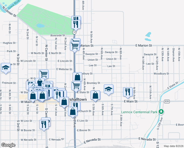 map of restaurants, bars, coffee shops, grocery stores, and more near 485 Woodbury St in Marshalltown