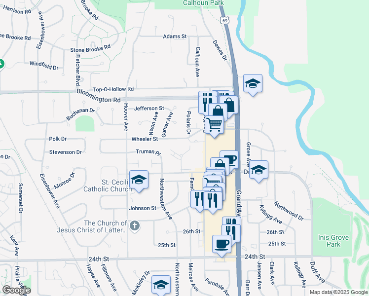 map of restaurants, bars, coffee shops, grocery stores, and more near 3020 Regency Court in Ames