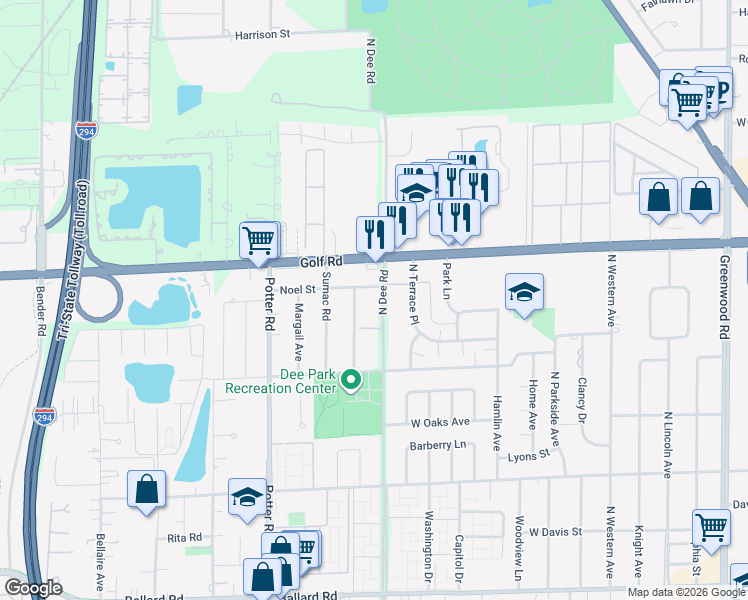 map of restaurants, bars, coffee shops, grocery stores, and more near 9561 Dee Road in Des Plaines