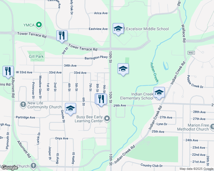 map of restaurants, bars, coffee shops, grocery stores, and more near 3091 9th Street in Marion