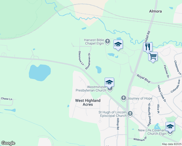 map of restaurants, bars, coffee shops, grocery stores, and more near 881 Glenmore Court in Elgin