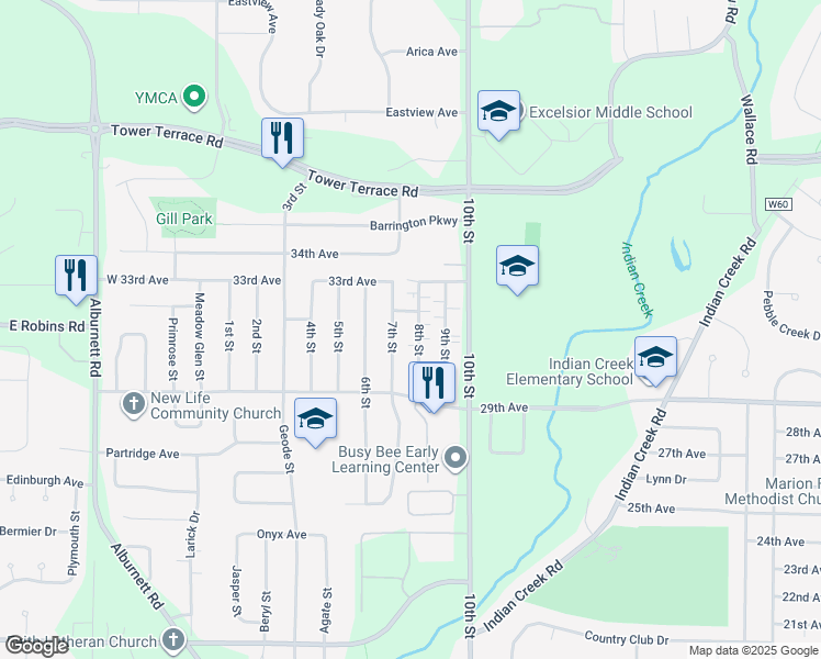 map of restaurants, bars, coffee shops, grocery stores, and more near 3110 8th Street in Marion