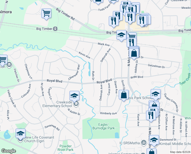 map of restaurants, bars, coffee shops, grocery stores, and more near 869 Ruth Drive in Elgin