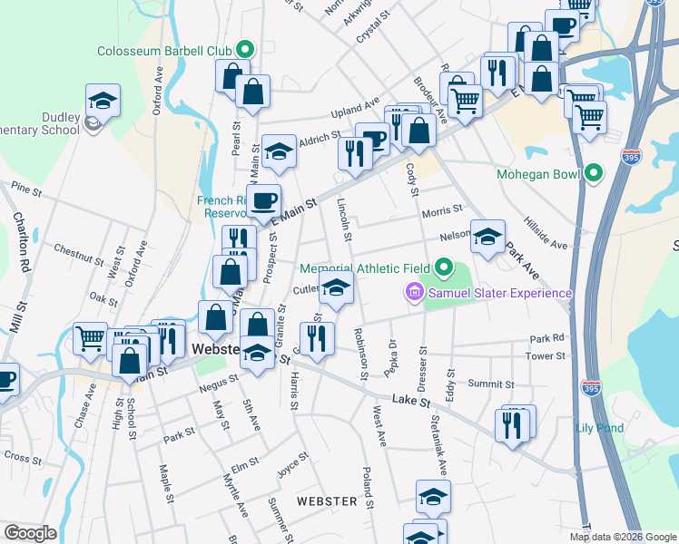 map of restaurants, bars, coffee shops, grocery stores, and more near 40 Lincoln Street in Webster