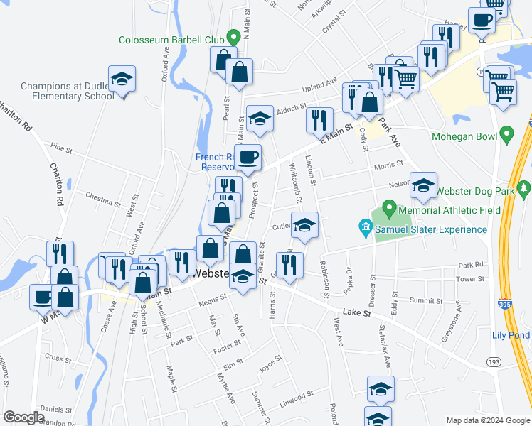 map of restaurants, bars, coffee shops, grocery stores, and more near 39 Granite Street in Webster