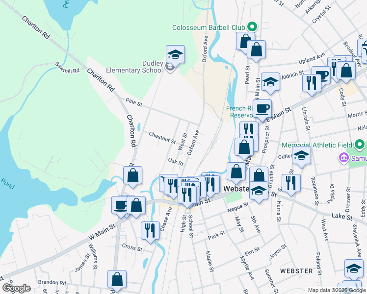 map of restaurants, bars, coffee shops, grocery stores, and more near 17 Oxford Avenue in Dudley