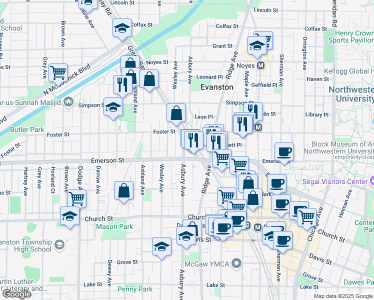 map of restaurants, bars, coffee shops, grocery stores, and more near in Evanston