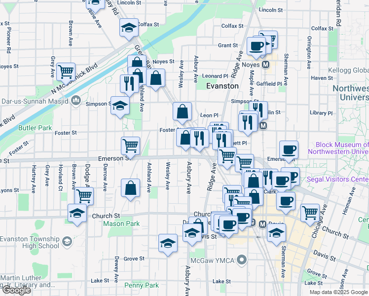 map of restaurants, bars, coffee shops, grocery stores, and more near 1227 1/2 Emerson Street in Evanston