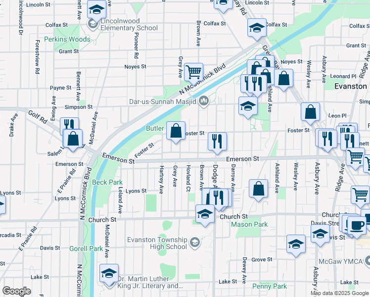 map of restaurants, bars, coffee shops, grocery stores, and more near 2027 Emerson Street in Evanston