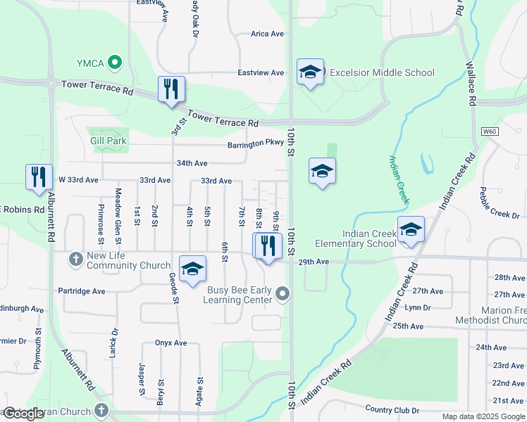 map of restaurants, bars, coffee shops, grocery stores, and more near 3080 9th Street in Marion