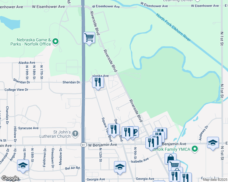 map of restaurants, bars, coffee shops, grocery stores, and more near 1001-1099 Milan Drive in Norfolk