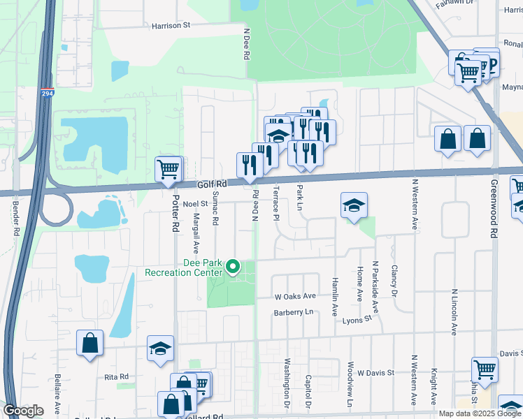 map of restaurants, bars, coffee shops, grocery stores, and more near 9561 Dee Road in Des Plaines