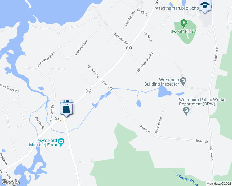 map of restaurants, bars, coffee shops, grocery stores, and more near 70 Beach Street in Wrentham
