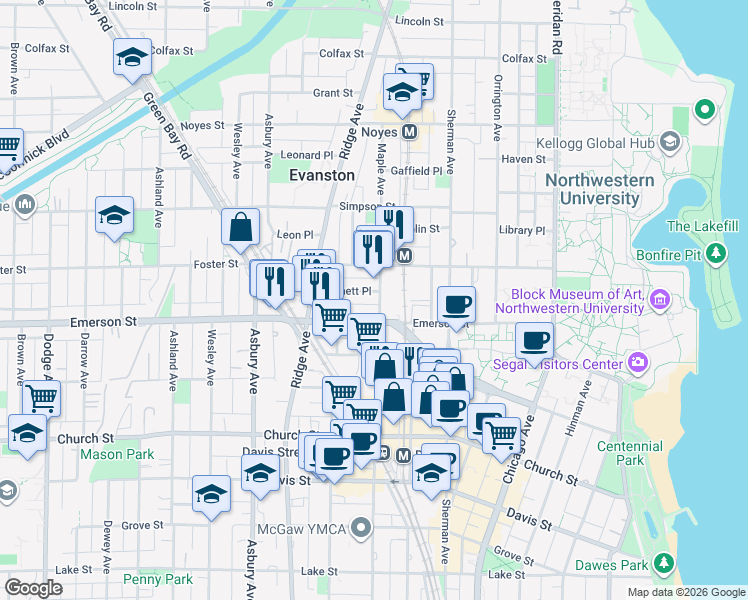 map of restaurants, bars, coffee shops, grocery stores, and more near 1015 Emerson Street in Evanston