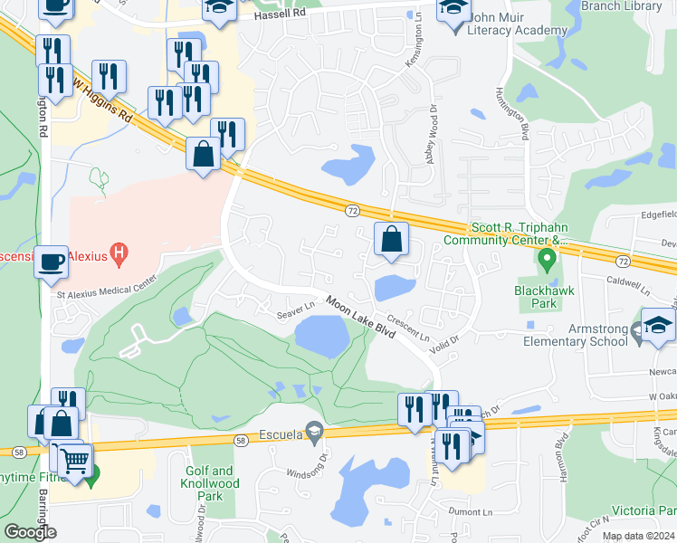 map of restaurants, bars, coffee shops, grocery stores, and more near 1505 Cornell Court in Hoffman Estates