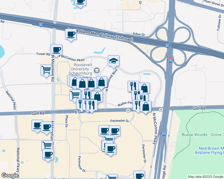 map of restaurants, bars, coffee shops, grocery stores, and more near 1700 East Golf Road in Schaumburg
