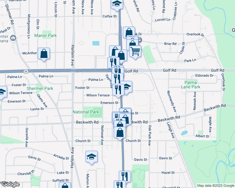 map of restaurants, bars, coffee shops, grocery stores, and more near 9424 Illinois 58 in Morton Grove