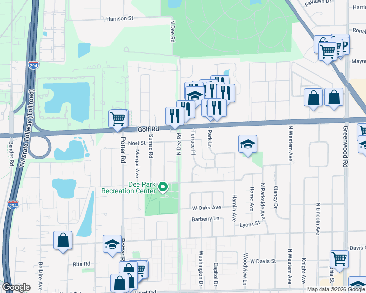 map of restaurants, bars, coffee shops, grocery stores, and more near 9561 Dee Road in Des Plaines