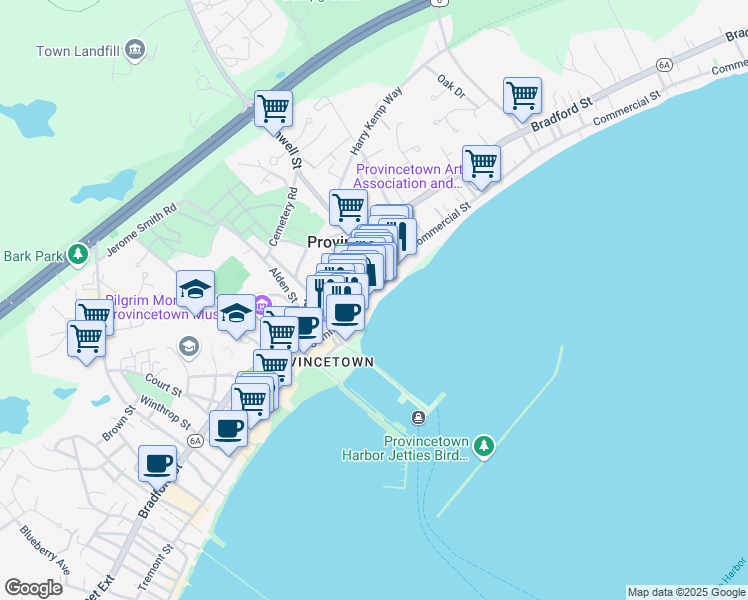 map of restaurants, bars, coffee shops, grocery stores, and more near 353C Commercial St in Provincetown