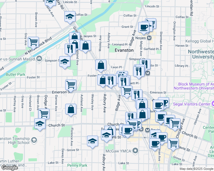 map of restaurants, bars, coffee shops, grocery stores, and more near in Evanston