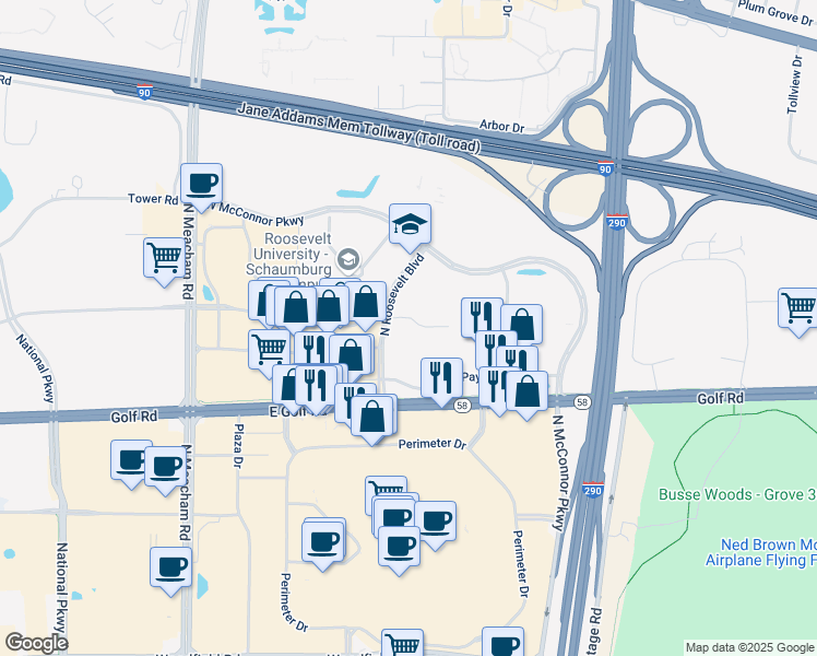 map of restaurants, bars, coffee shops, grocery stores, and more near 1700 East Golf Road in Schaumburg