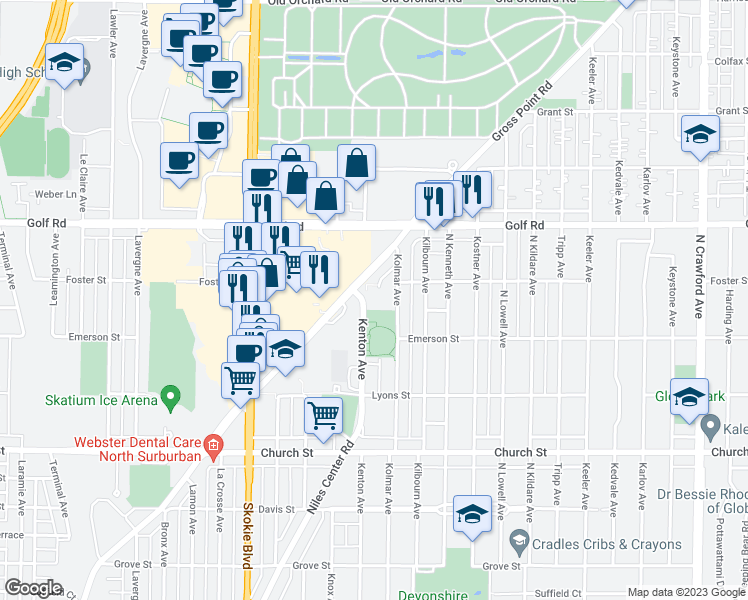 map of restaurants, bars, coffee shops, grocery stores, and more near 9434 Kolmar Avenue in Skokie