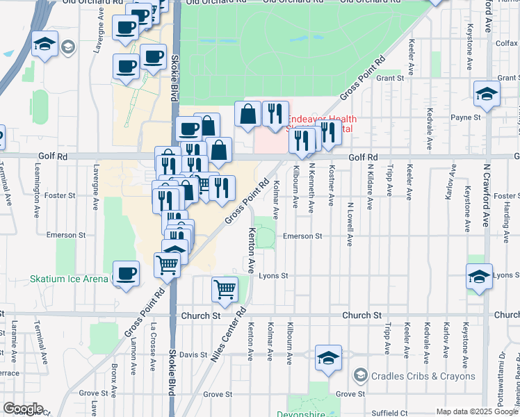map of restaurants, bars, coffee shops, grocery stores, and more near 9445 Kenton Avenue in Skokie